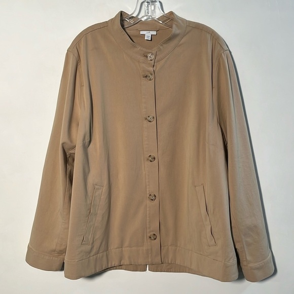 J. JILL Sandbar Banded Collar Tortoise Button Up Back Pleat Tan LS Jacket SZ 2X